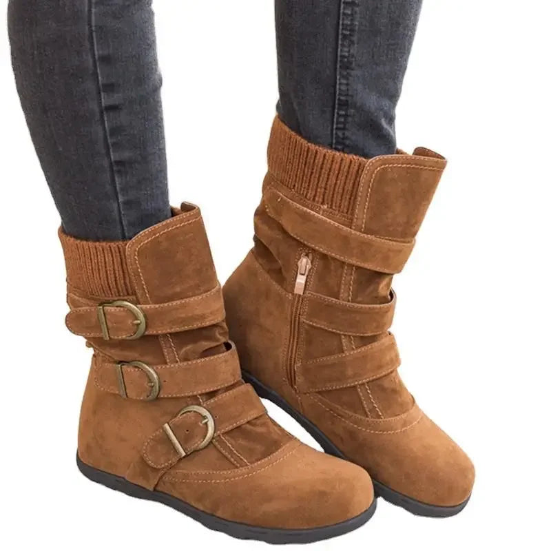 Shoes for Women Warm Snow Boots Flat Plush Casual Ladies Shoes Autumn Buckle Female Mid-calf Boots Plus Size 35-43 Boots Women