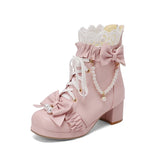 2023 new autumn winter Women ankle boots plus size 22-28CM pu upper modern boots lace Pearl Chain Bow Lolita thick heel boots