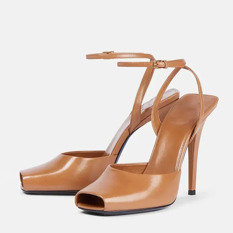 2025 Women's High-heeled Fish Mouth Buckle Sandals with European and American Sexy Fashion Stage Walking Shoes Banquet Shoes