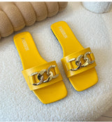 Nouvelles pantoufles plates léopard pour femmes, chaussures plates à bout carré avec chaîne en métal américaine, sandales pour femmes, pantoufles Zapatos, 2024
