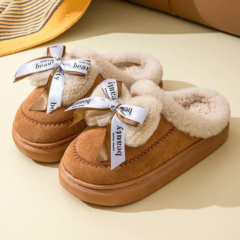 Winter Faux Suede Cotton Slippers for Women's Winter Home Rabbit Bow Cotton Slippers for Warmth New Thick Soled Princess Style