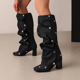 Bottes en jean à bout carré, rivets amovibles, talon épais de 7 cm, longueur genou, fermeture éclair latérale, marron, tendance, hiver, 2024, pointures 35 à 45