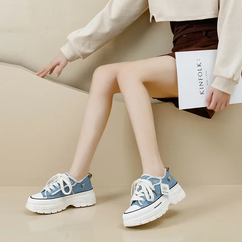 2023 Autumn New Women's Canva Shoes Thick Soles Round Head Fringed Denim Casual Shoes Increased Height Sports 606
