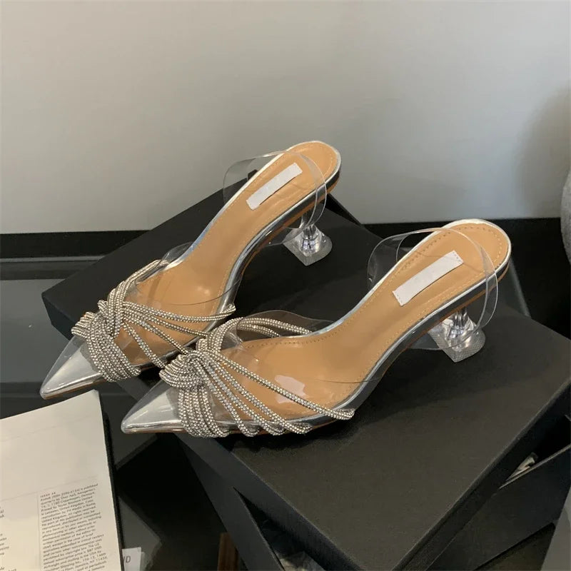 Eilyken Elegant Silver Slingbacks Women Pumps Fashion CRYSTAL PVC Transparent Pointed Toe Clear High Heels Ladies Shoes