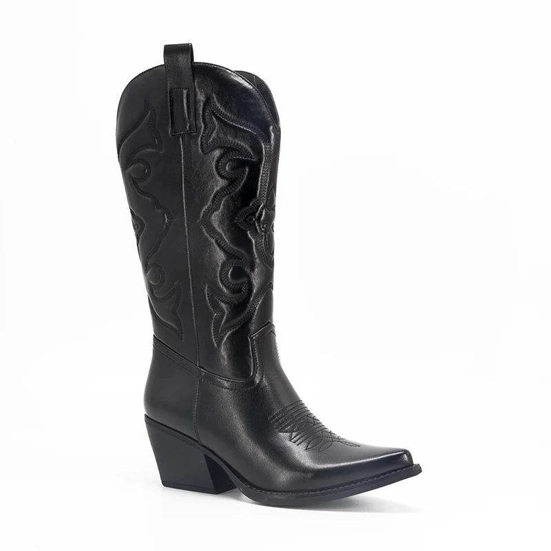 Bottes Western Cowgirl Vintage Automne Hiver Neuves à Talons Épais Bottes de Cowboy Mi-Mollet Femme Chaussures Décontractées Pour Femme