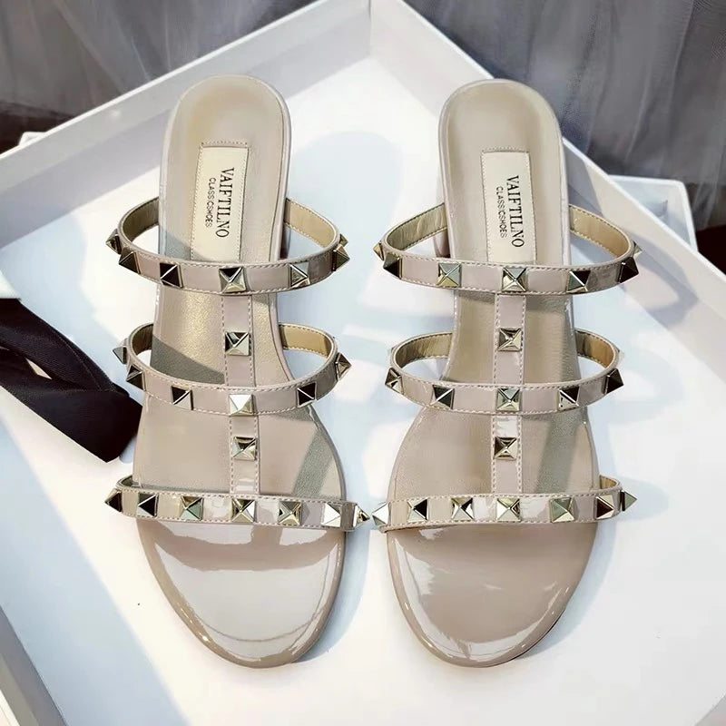 luxury women's shoes Gladiator shoes woman 2024 trend For Women's Sandals Summer Slippers Chunky Heel Leather Rivets High heels
