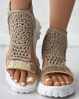 Women Sandals Braided Geometric Wedge Sandals Knitted Elastic Summer Shoes Mesh Flat Sandals Hollow Female Platform sandals gold