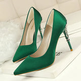 Woman 10cm High Heels Metal Heels Satin Silk Dress Fashion Pumps Lady Wedding Bridal Scarpin Catwalk Orange Green Wine Red Shoes