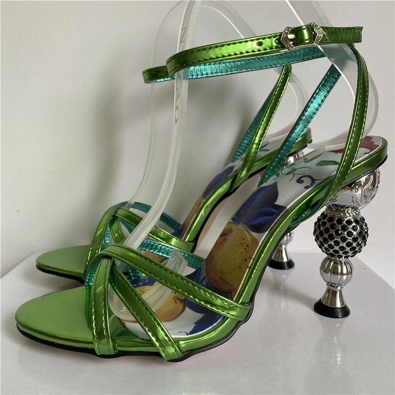Jeweled Crystal Metal Strange Heel Sandals Women Sexy Cross Narrow Band Printed Flower Color 2024 Summer Banquet Shoes Woman
