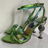 Jeweled Crystal Metal Strange Heel Sandals Women Sexy Cross Narrow Band Printed Flower Color 2024 Summer Banquet Shoes Woman