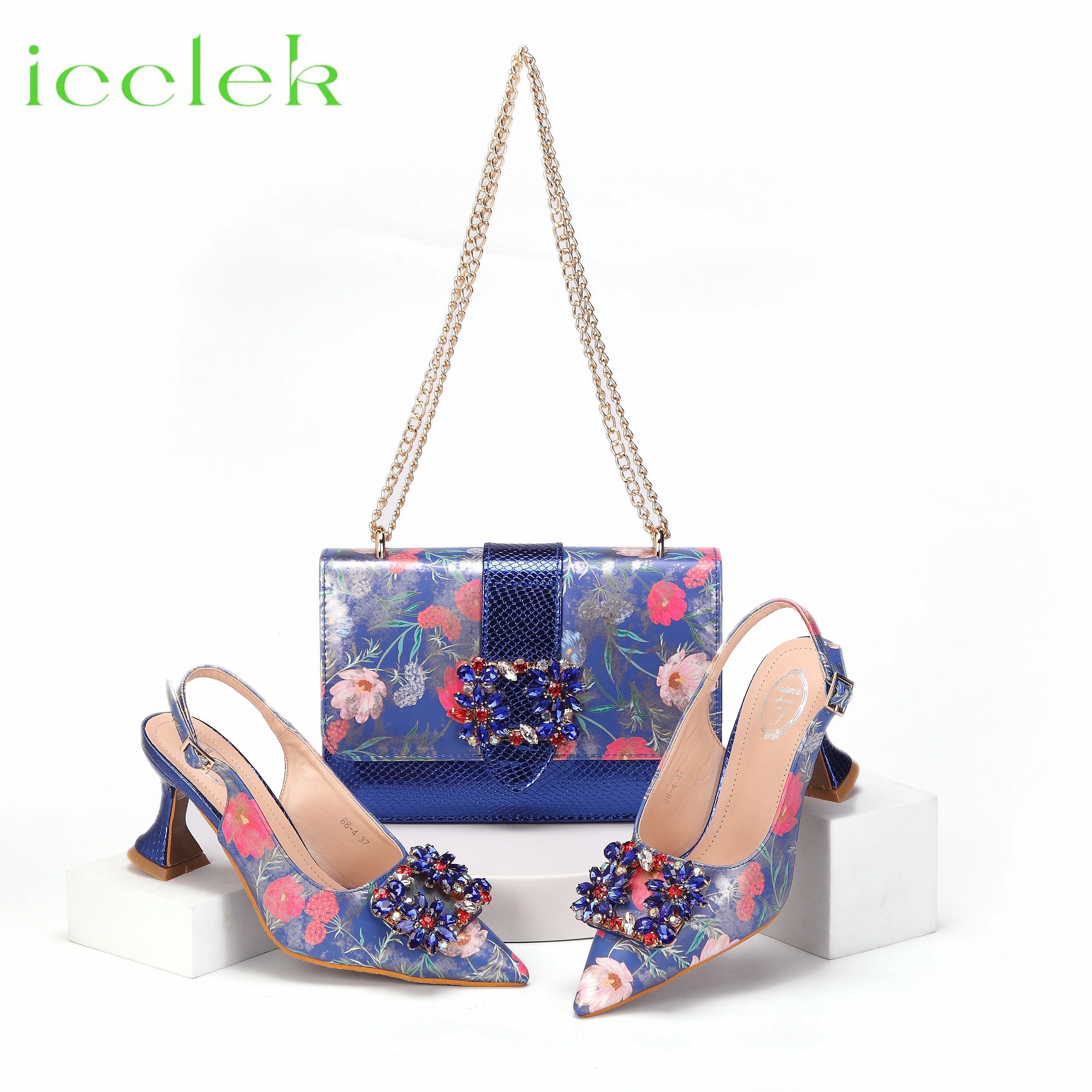 2024 Italian Design Girly Style Coffee Color Pointed Toe Wedding Shoes And Bag Full Diamond Decoration Metal Closure Bag