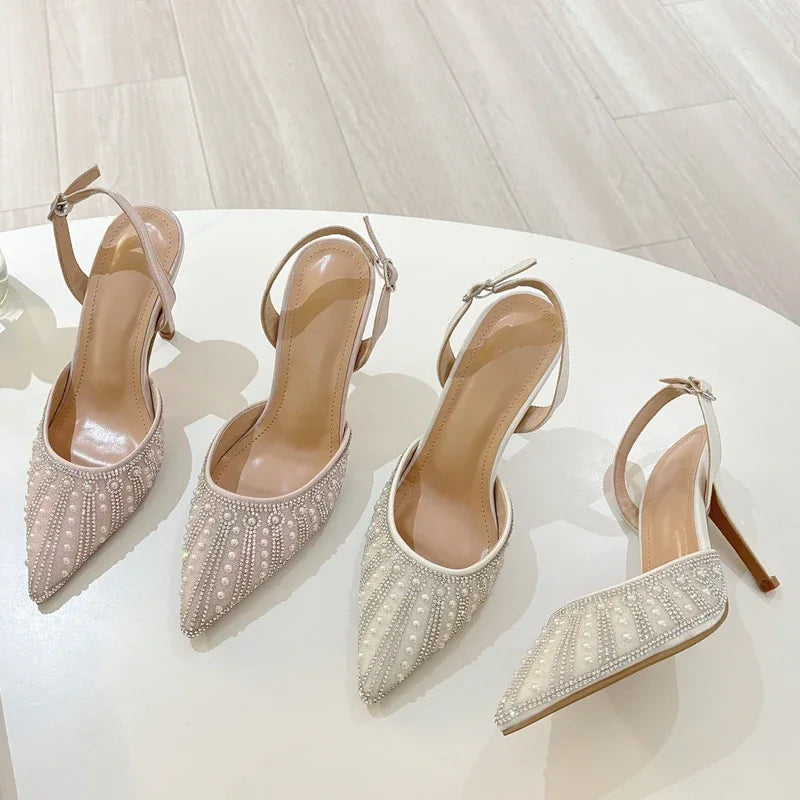 Eilyken Street Style Crystal Bead Buckle Strap Women Pumps Sandals Sexy Pointed Toe Thin High Heels Banquet Party Mule Shoes