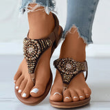 Sandales plates de style bohème pour femmes, perles d'été, sandales gladiateur à clip pour femmes, grandes tailles, chaussures de plage à semelle plate, tongs