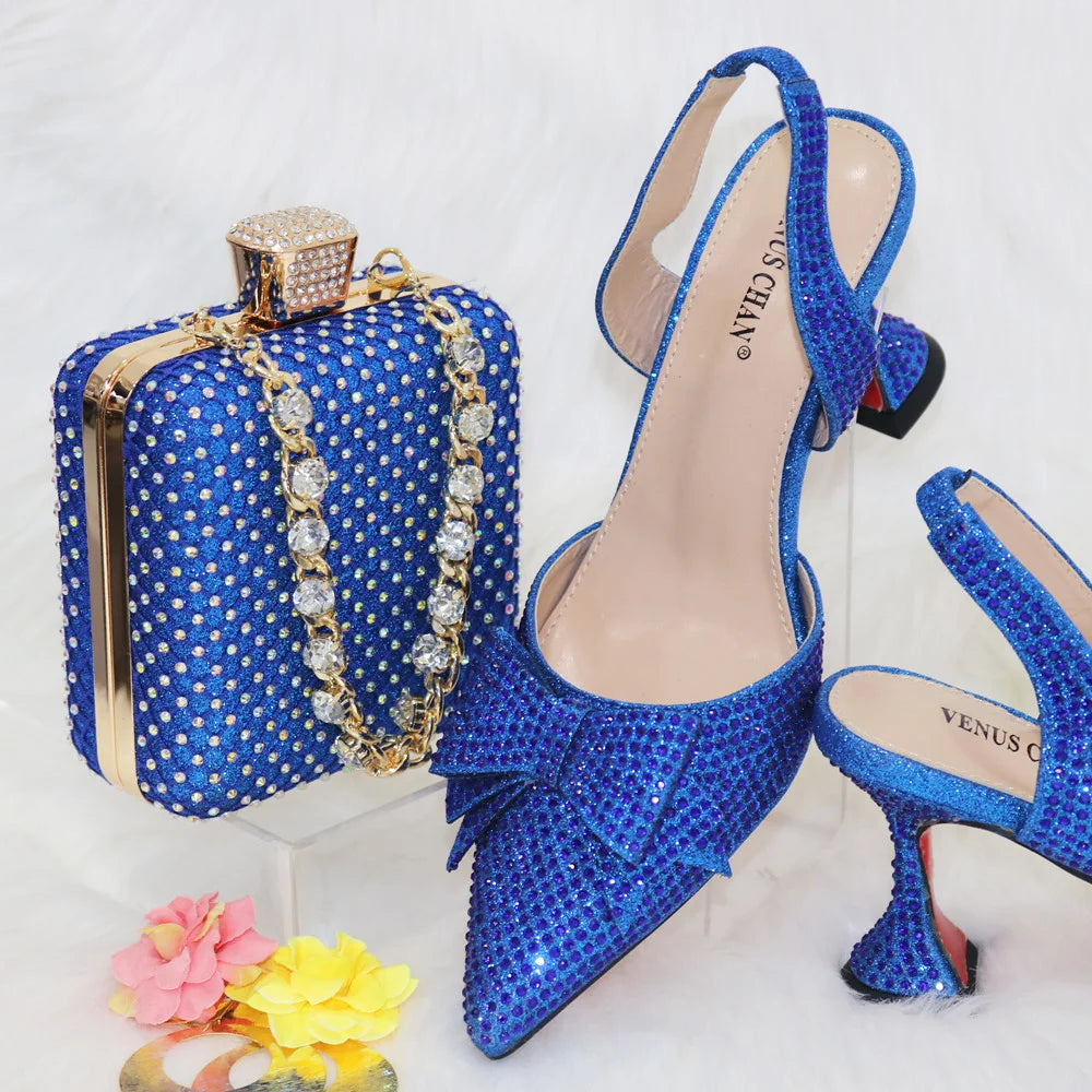 Venus Chan Bridal High Heels for Women 2023 Pointed Toe With Bows Gold Color Rhinestone  Elegant Party Wedding Shoe and Bag Set