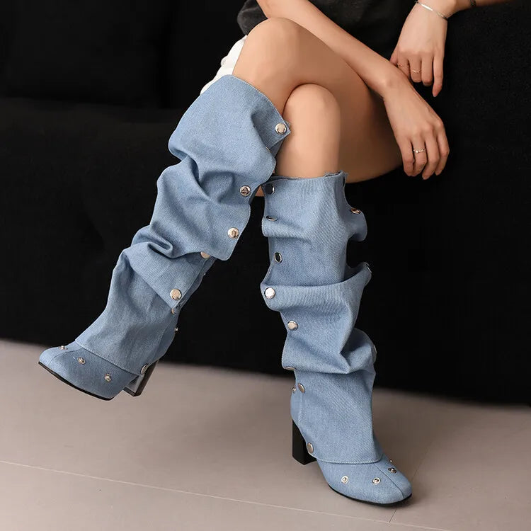 Bottes en jean à bout carré, rivets amovibles, talon épais de 7 cm, longueur genou, fermeture éclair latérale, marron, tendance, hiver, 2024, pointures 35 à 45
