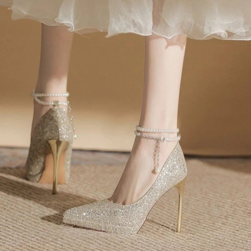 Women New Wedding Crystal Sequins Pumps Women Party Wedding Bling Glitter High Heels Shoes Ladies High Heels Pearl Chains Shoes