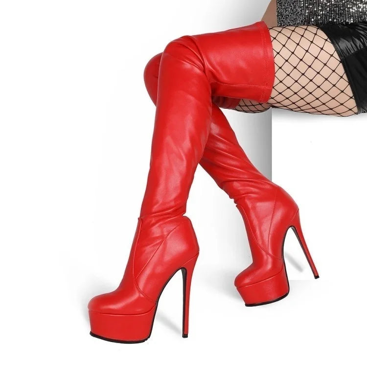 Elegant Women's High Heel Platform Over The Knee Boots Stretch Faux Leather Long Boots For Party Size 34-43