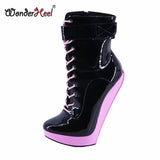 Wonderheel Neue extrem hohe 18 cm hohe Stiefeletten mit 3 cm Plateau-Keilabsatz, mehrfarbig, Nachtclub, sexy Mädchen, Schnallenriemen
