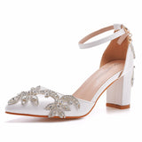 Crystal Queen Women 4CM 7CM 10CM Thick High Heels Sexy Pumps White Luxury Rhinestone Wedding Bride Shoes Pointed Toe Sandals