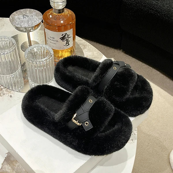 Med Shoes Womens Slippers Outdoor Slides Pantofle Flock Platform Fur Flip Flops 2024 Flat Plush Autumn Fabric Rome Shoes House S