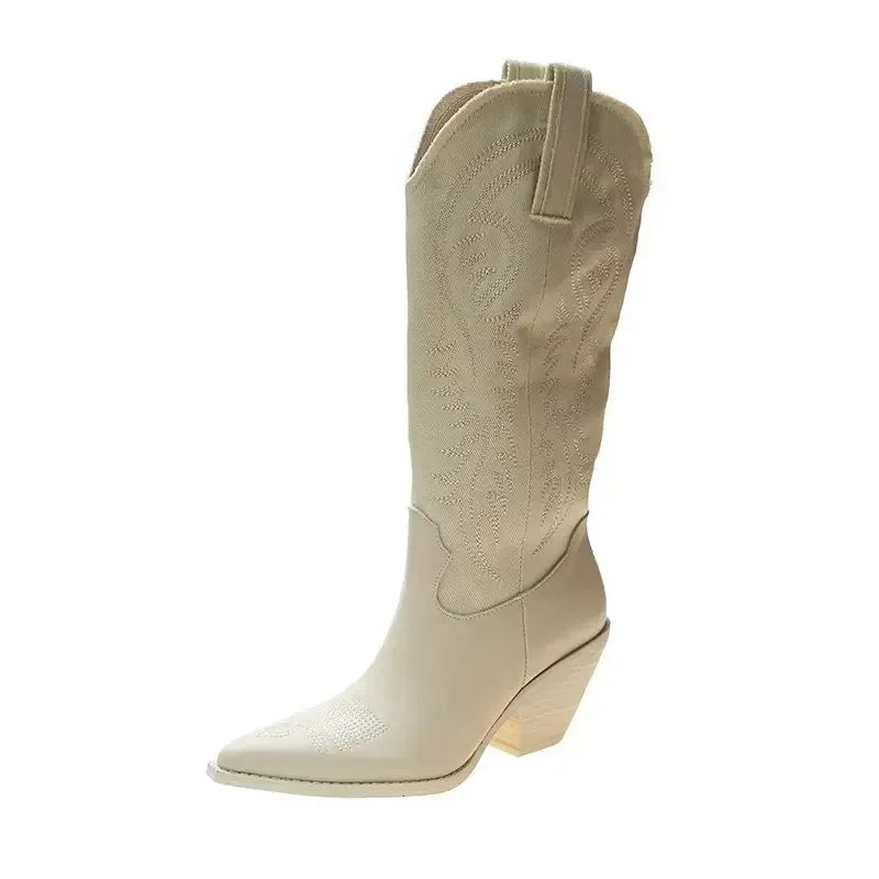 Women Pointed Toe Square Heels Cowboy Western Boots New Ankle Gladiator Trend Shoes Winter New Walking Botas Pumps Mujer Zapatos