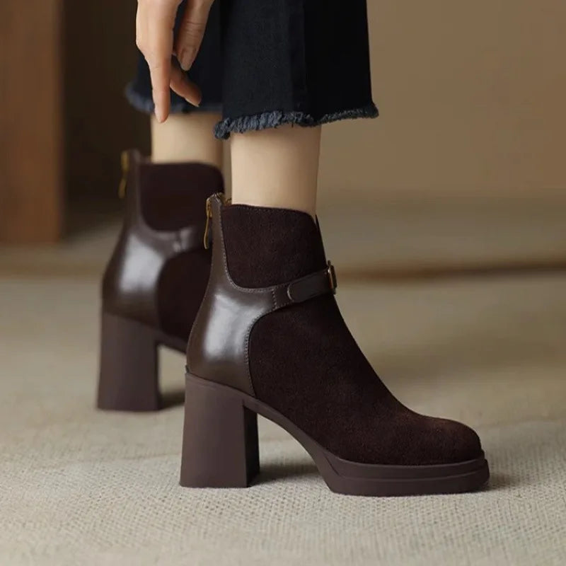 Womens Heeled Ankle Boots Platform Zipper Punk Motorcycle Booties Chunky Block High Heel Round Toe Fashion Combat Boots