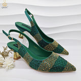 QSGFC INS Goldfarbenes elegantes Damen-Set mit Absätzen, Schuhen und Tasche, hohlen Strasssteinen, High Heels, Keilabsätze, Schuhen und passender Tasche
