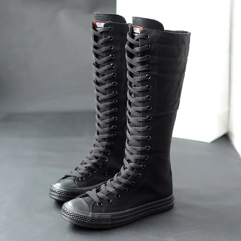 Spring Autumn Women Shoe Canvas Casual High Top Shoes Long Boot Lace-Up Zipper Comfortable Flat Boot Sneakers Tenis Feminino