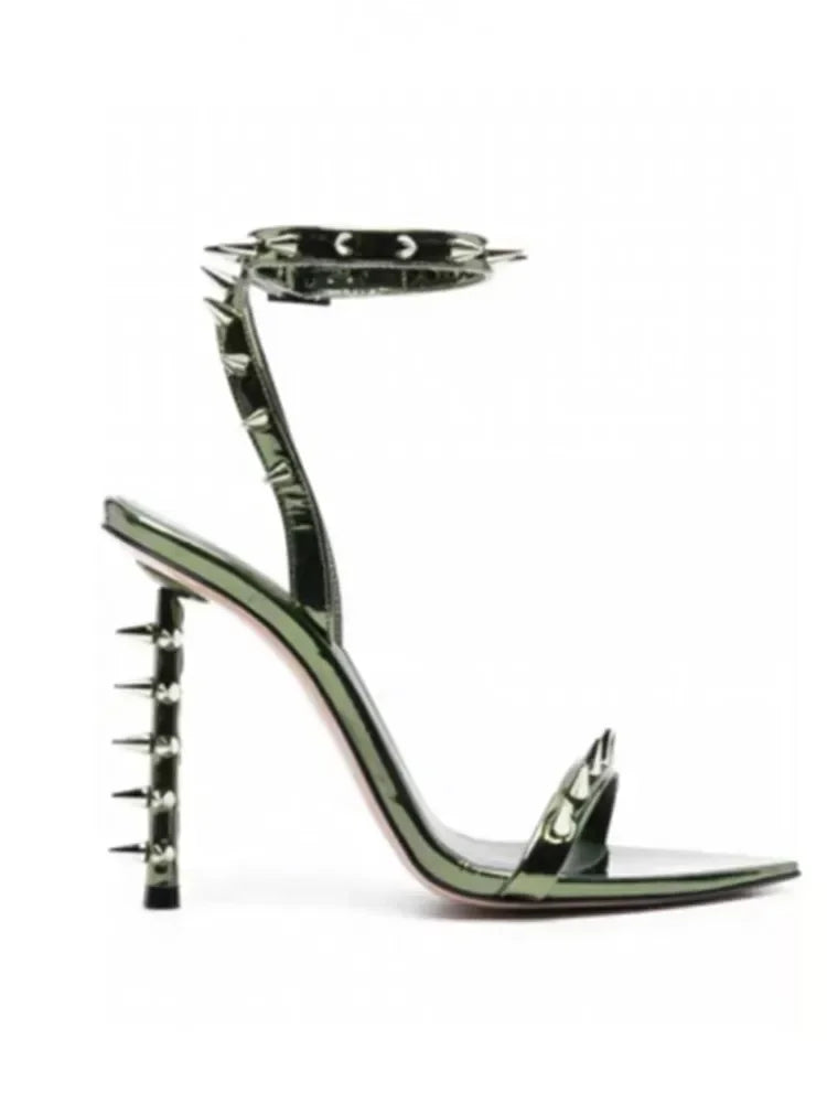 Women's Summer New Thin High Heel Riveted Sandals Fashion Sexy Banquet Party Women's Open Teeth Large Sandals Black Gold
