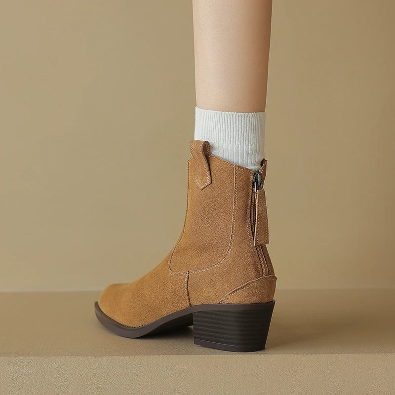 2024 Winter Classic Chelsea Boots for Woman Cow Suede Pointy Toe Wedge Heel Ankle Boots Simple Comfortable Cowboy Boots Female