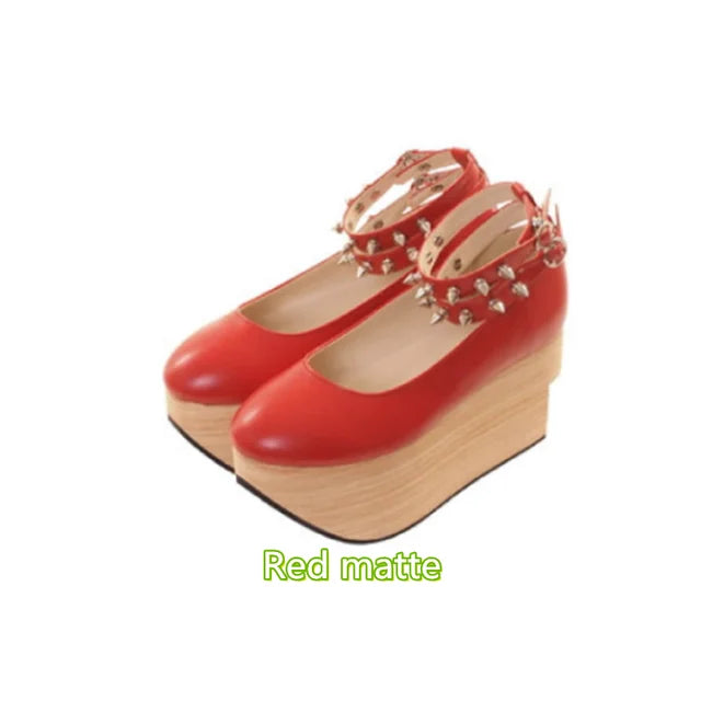 2023 new hard soled wood grain thick soled high-heeled rivets Lolita Lolita rocking horse shoes women
