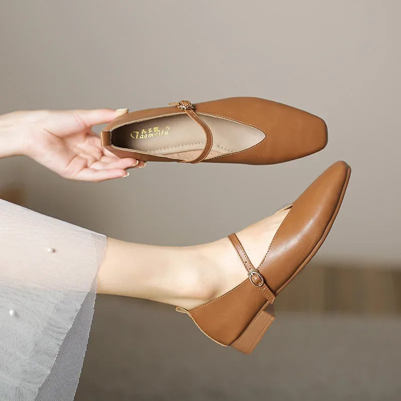Woman Spring Casual Square Toe Low Soft Soled Lolita Flats Ballerina Red Female Elegant French Retro Buckle Mary Janes