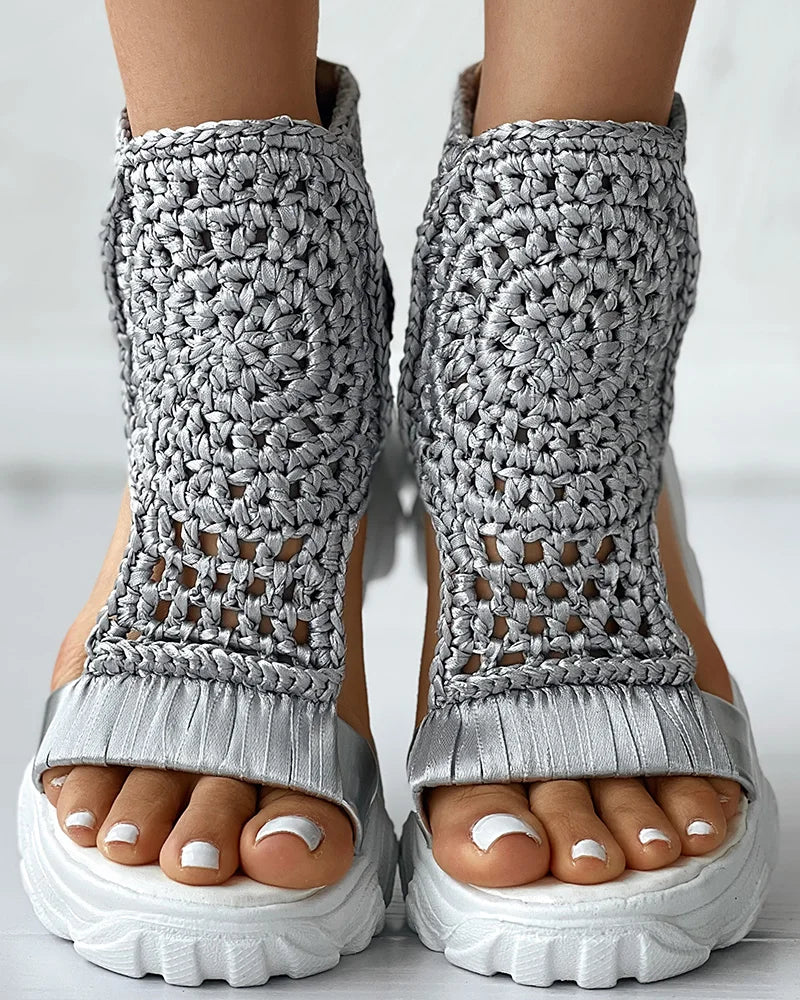 Women Sandals Braided Geometric Wedge Sandals Knitted Elastic Summer Shoes Mesh Flat Sandals Hollow Female Platform sandals gold