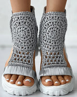 Women Sandals Braided Geometric Wedge Sandals Knitted Elastic Summer Shoes Mesh Flat Sandals Hollow Female Platform sandals gold