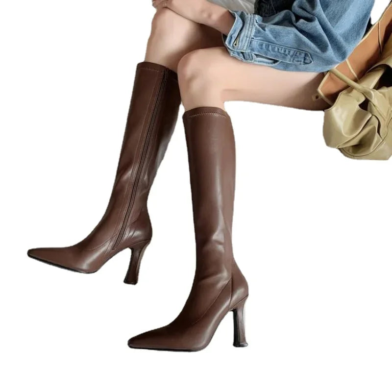Women High Boots Fashion Pointed Toe Ladies Elegant Square High Heel Long Boots Short Plush Women Square Toe High Stretch Boots