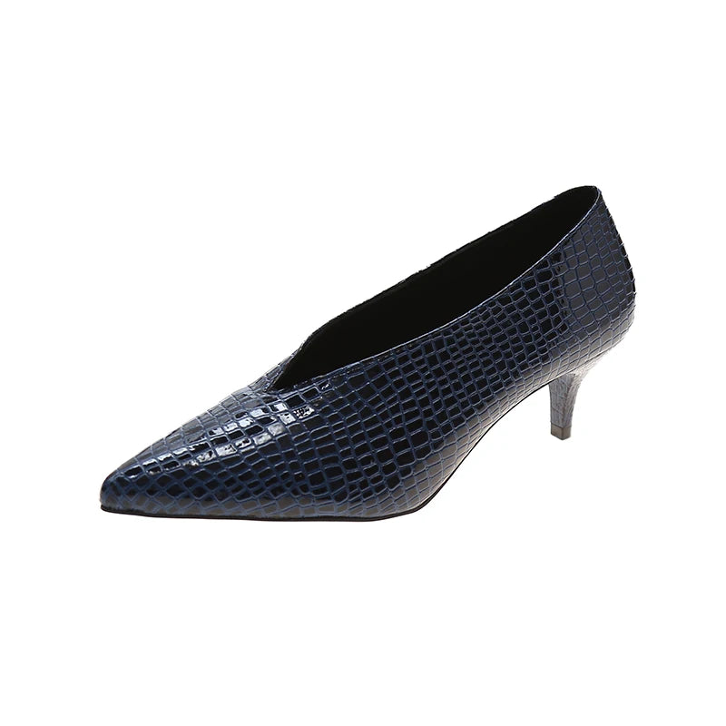 Pointy V-neck Patent-leather Single Women Shoes High Heels Spring Versatile Retro Chunky Single Shoes Zapatos De Mujer Black