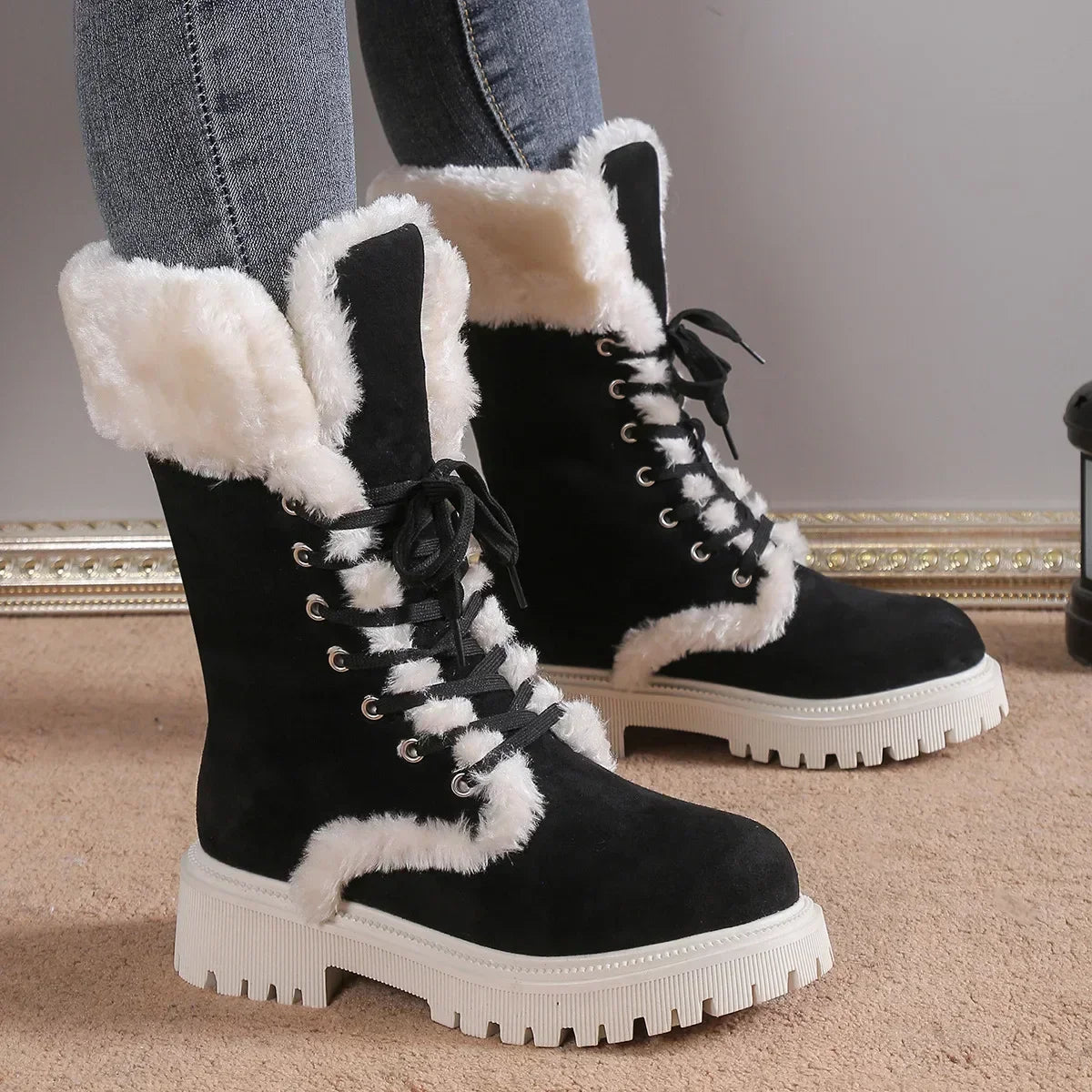 Bottes de neige d'hiver épaisses et moelleuses pour femmes, bottes à plateforme en fourrure, mi-mollet à lacets, chaussures chaudes en coton, 2023