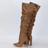 Eilyken – Bottes hautes plissées à bout pointu et fermeture éclair pour femme, chaussures tendance à talons aiguilles carrés, blanches, noires et marron