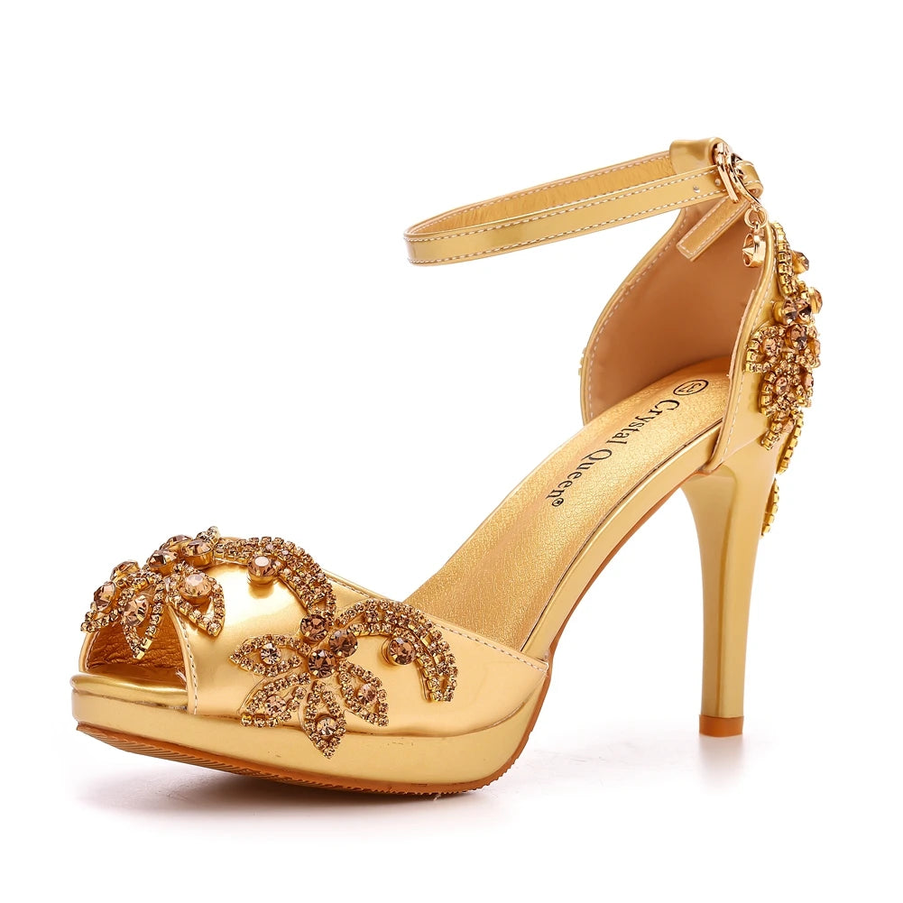 Women Wedding Shoes Bride Sandals White Rhinestones Silver Platform Dress Thin High Heels Ladies Pumps