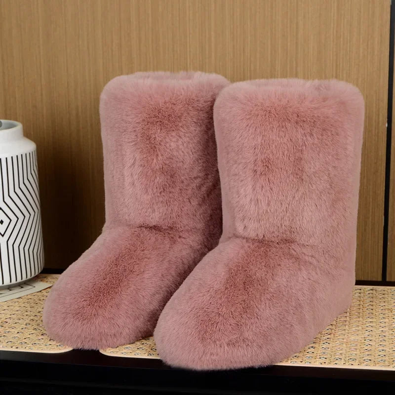 Winter Fuzzy Boots 2024 Women Furry Shoes Fluffy Fur Snow Boots Plush lining Slip-on Rubber Flat Outdoor Bowtie Warm Footwear