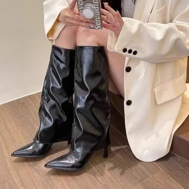 New Western Cowboy Boots Women Fashion Slip-On Long Pipe Boots Female Sexy Thin High Heel Trend Knee High Botas 2024