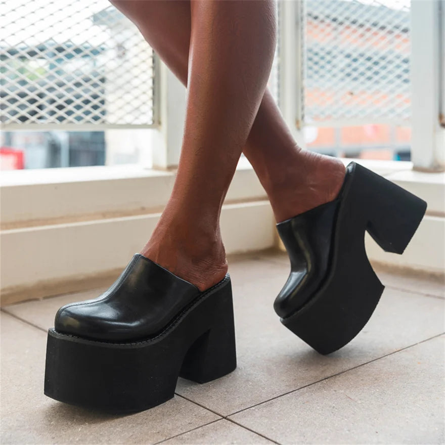 Sandals Summer 2025 New Women Slippers Baotou Platform Trend High Heels Ladies Shoes Pumps Black Soft Leather Thick Slides Mujer