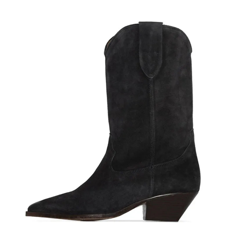 Nude Suede Embroidered Mid-Calf Boots Women Designer Shoes Thick Heel Pointed Toe Cowboy Boots for Women Knight Botas Femininas