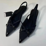 2025 Summer New Black Women's Sandals Buckle Cross Pointed Elegant Traf Designer Slingbacks Ladies Flat Shoes Big Size Footwear