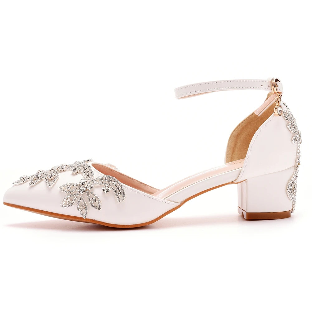 Crystal Queen Women 4CM 7CM 10CM Thick High Heels Sexy Pumps White Luxury Rhinestone Wedding Bride Shoes Pointed Toe Sandals