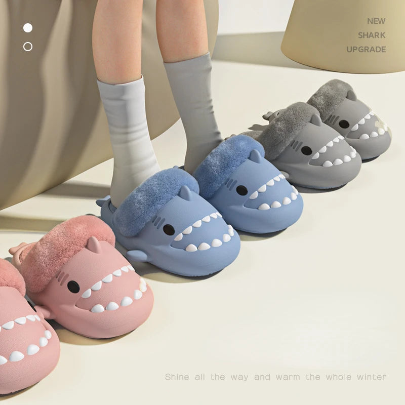 Men'S Winter Plush Shark Slippers Couple Adults Warm Fluffy Slides Soft Household Cartoon Indoor Detachable Home Cotton Shoes