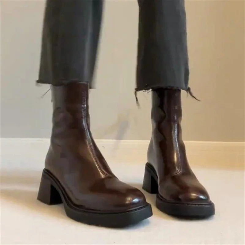 2024 New Spring and Autumn Single Boots British Style Square Head Chelsea Boots High Heels Thick Heels Short Boots for Women