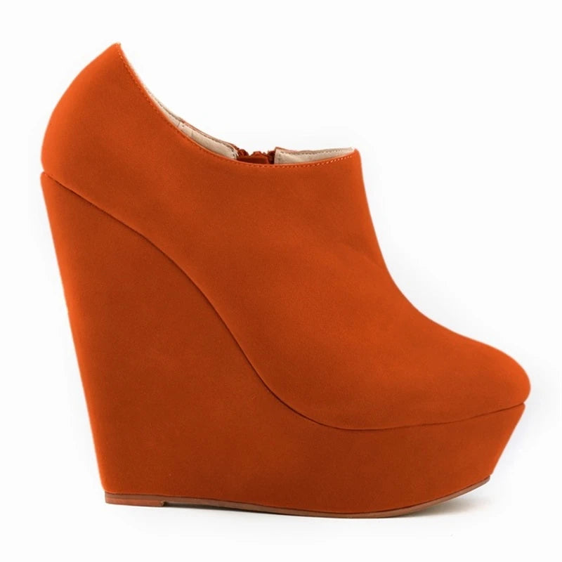 Classic Autumn Short Boots Women Star Style Solid Flock Platform Wedges Boots High Heels 14cm Female Fashion Office Boots Zipper