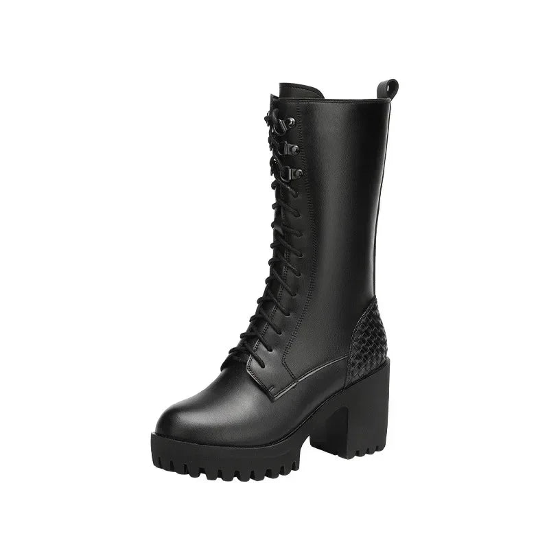 8cm 10cm Small Size 32-43 Genuine Leather Boots Womens Platform Shoes with Fur 2024 Block High Heels Mid Calf Boots Office Model