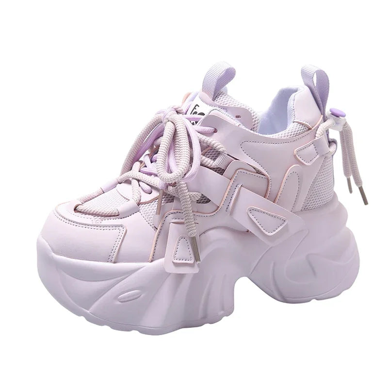 7CM Women Casual Leather Sneaker Autumn Lace up High Platform Shoes Thick Sole Sport Dad Shoes Woman Sneakers Chaussure Femme